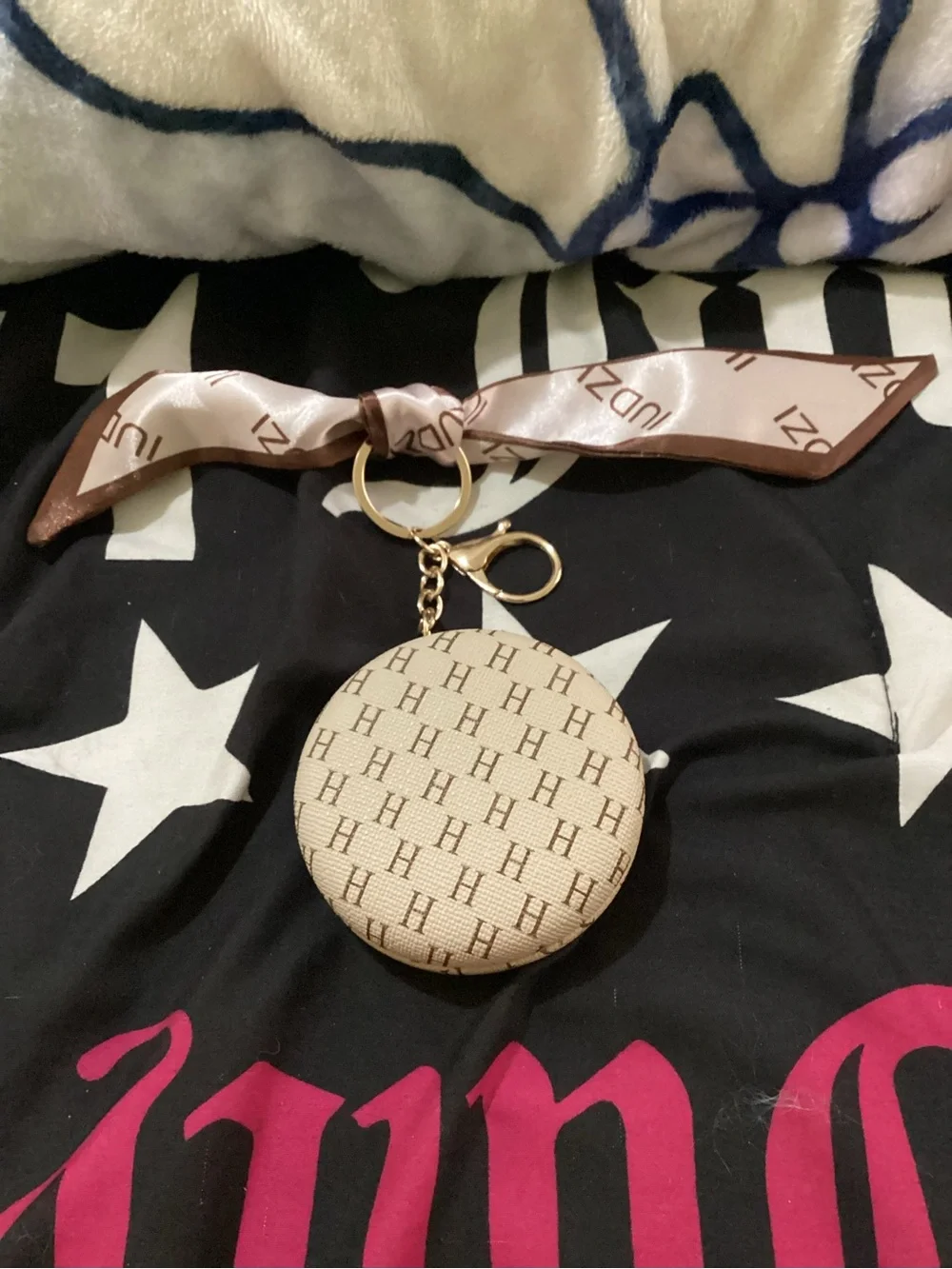 Beige Monogram Round mirror bag charm